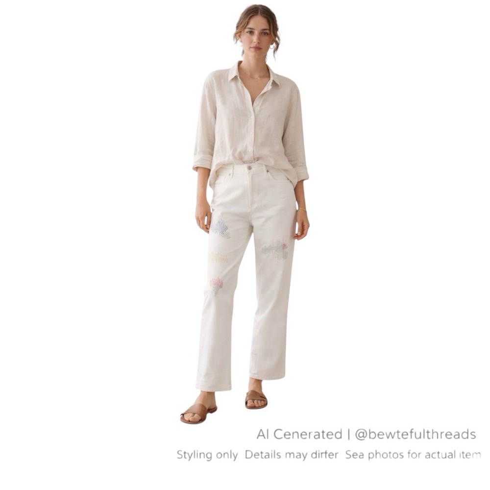 Artsy Patch Stitch White Straight Leg Jeans Indie Boho Casual Chic